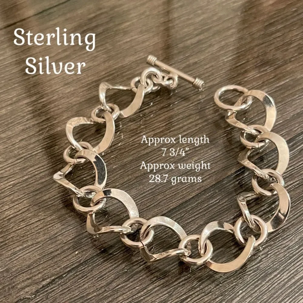 Vintage Sterling Silver Curved Circle Chain Link Toggle Bracelet, Length 7 3/4”